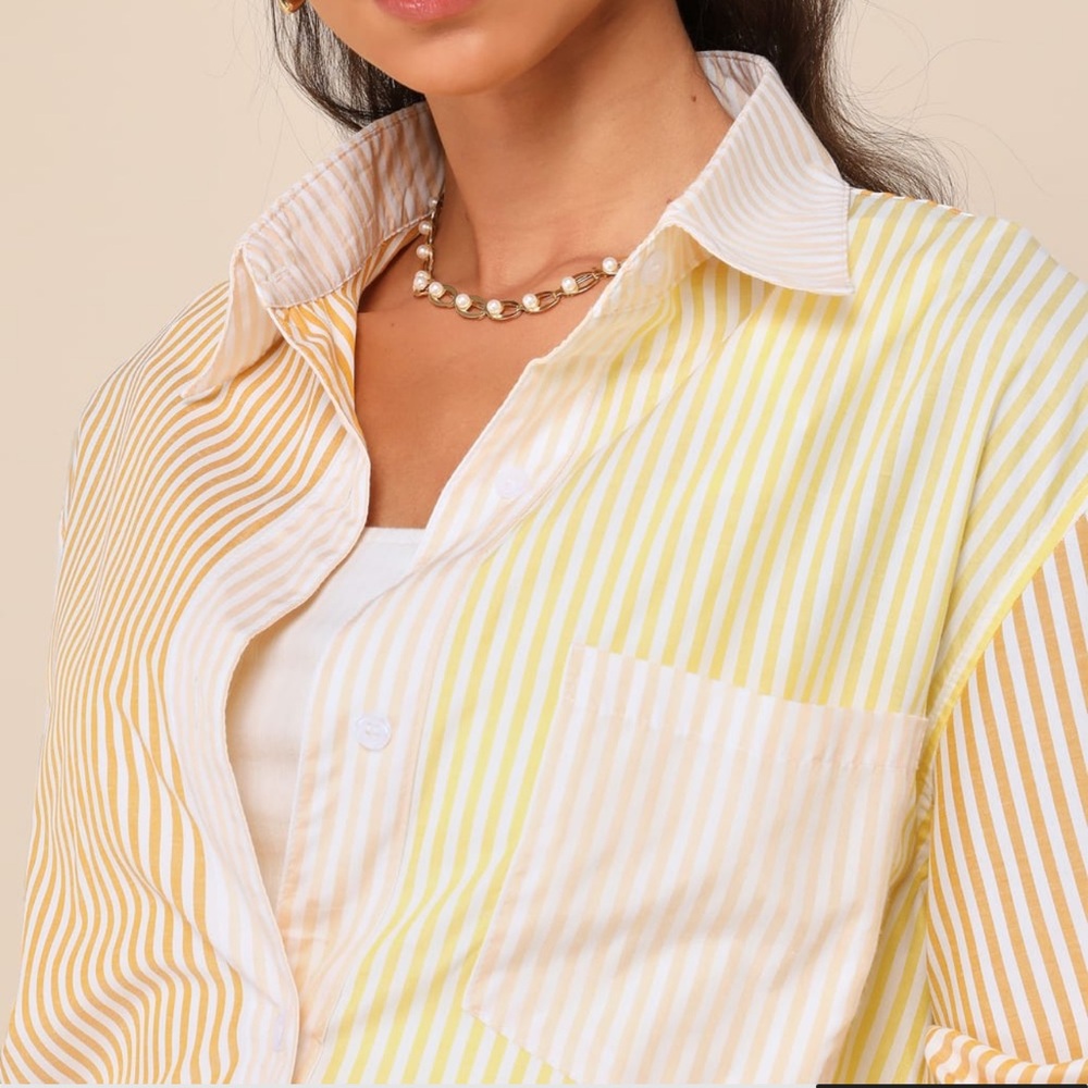 Remarkably Adorable Yellow Multi Striped Patchwork Button-Up Top - Picture 3 of 3